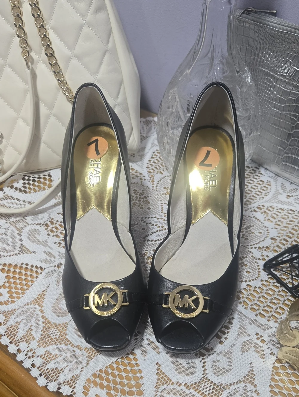 Michael Kors Black Peep-Toe Wedge with Gold MK Emblem